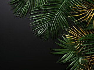 Fototapeta na wymiar Palm leaf on a black background with copy space for text or design. A flat lay, top view. A summer vacation concept
