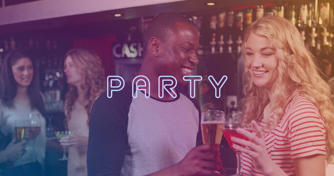 Image of party text over happy diverse friends talking with drinks - Powered by Adobe