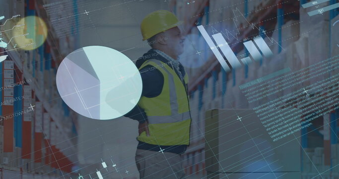 Image of graphs and financial data over caucasian male warehouse worker