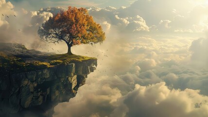 Lone tree on a precipice above clouds at sunset - A majestic lone tree stands on a cliff over a sea of clouds beneath a warm sunset sky, evoking peace and serenity - obrazy, fototapety, plakaty