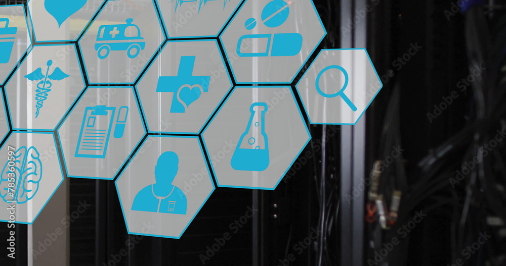 Poster image of network of medical icons and data processing over computer servers