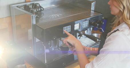 Image of glowing moving lights over coffee machine