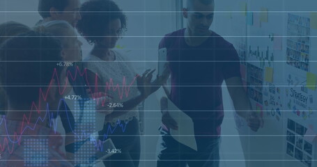 Image of financial data processing over diverse business people