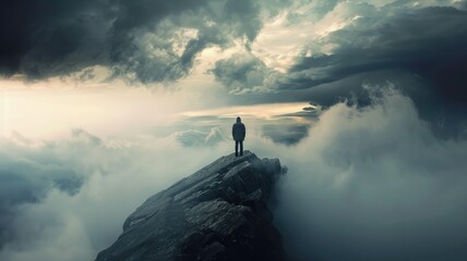 Person standing on cliff edge amidst clouds - A solitary figure stands on a precipitous cliff edge, enveloped by a dramatic and moody cloudscape symbolizing contemplation or challenge - obrazy, fototapety, plakaty