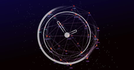 Image of clock moving over connections on black background