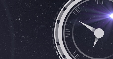 Image of clock moving over stars on black background