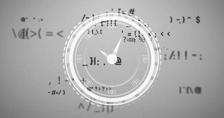 Image of clock moving over math formulas over grey background