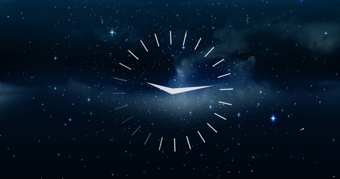 Image of clock moving over stars on black background - Powered by Adobe