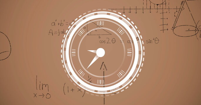 Image of clock moving over math formulas over beige background
