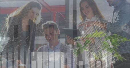 Image of financial graphs, data and cityscape over diverse businesspeople talking in office