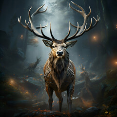 Deer with big antlers in the forest. 3D rendering