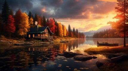 A cozy cabin nestled by a tranquil lake, surrounded by vibrant autumn foliage reflected in the water's surface under the soft glow of the setting sun. - obrazy, fototapety, plakaty