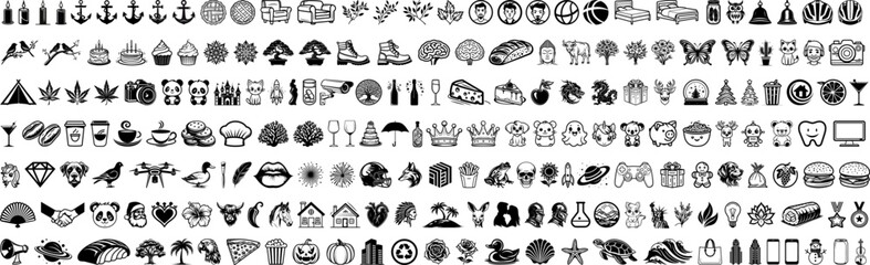 200 outline and solid icons set. Business, finance, nature, family, sport, music, interface, party and more icons on white background. Vector isolated elements.