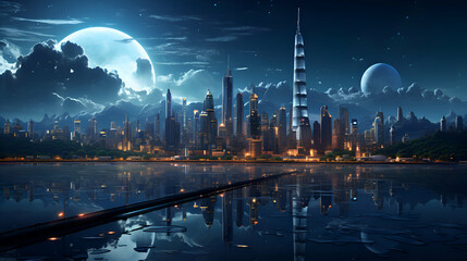 Futuristic city at night with full moon and reflection in water - obrazy, fototapety, plakaty