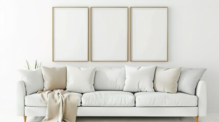 Frame Mockup Wall. Mockup frame in farmhouse living room interior. Interior mockup with rectangular vertical frame hanging on a white textured wall mockup house background.