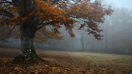 Fototapeta premium Misty autumnal scene with a large tree - An atmospheric photo capturing fog enveloping a forest with a prominent leaf-strewn tree