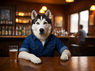 Portrait of a Husky dog drinking beer at the bar. Funny animals night out scene.
