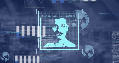 Image of data processing and people icons over blurred background