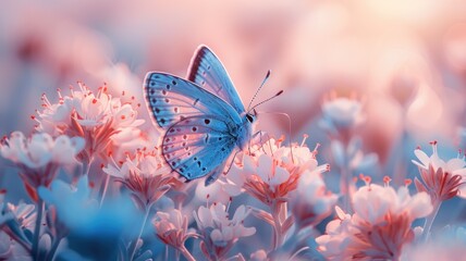 Blue butterfly on pink flowers - An enchanting close-up shot of a vibrant blue butterfly settled on delicate pink blossoms, creating a dreamy atmosphere - obrazy, fototapety, plakaty