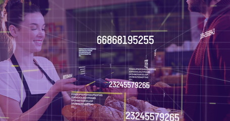 Image of data processing over diverse people paying with credit card