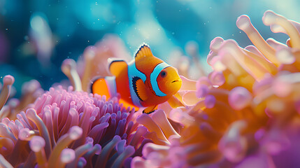 Underwater close-up of a colorful clownfish nestled among the tentacles of a sea anemone