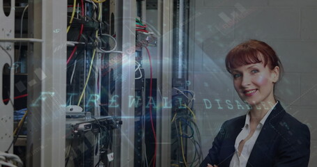 Cyber security data processing against portrait of caucasian female engineer smiling in server room