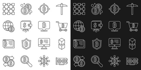 Set line Video graphic card, Blockchain technology, Shopping cart with bitcoin, Bitcoin the target, Cryptocurrency wallet, Globe, and icon. Vector