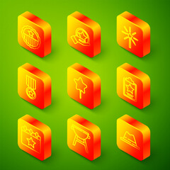 Set line Medal with star, USA Independence day, Firework, Balloon, Calendar date July 4 and Barbecue grill icon. Vector