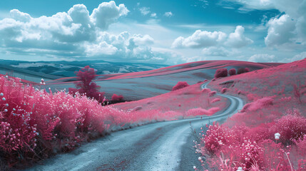 Infrared nature road in spring flowers meadow field