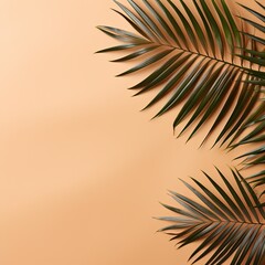 Palm leaf on a brown background with copy space for text or design. A flat lay, top view. A summer vacation concept