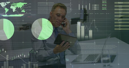 Image of statistical data processing over caucasian senior businessman talking on smartphone