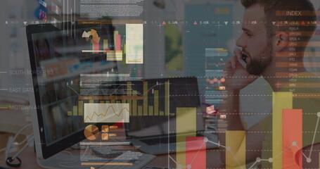 Image of statistics and data processing over cityscape