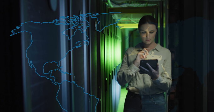 World map against caucasian female engineer with digital tablet working in computer server room