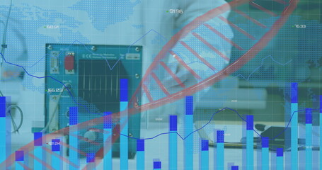 Image of data processing and dna strand over caucasian doctor in lab