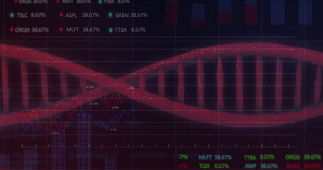 Image of data processing over red dna strand