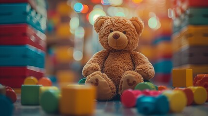 A Mammal Toy is seated among Baby toys and colorful blocks