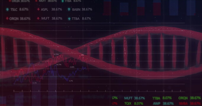 Image of data processing over red dna strand