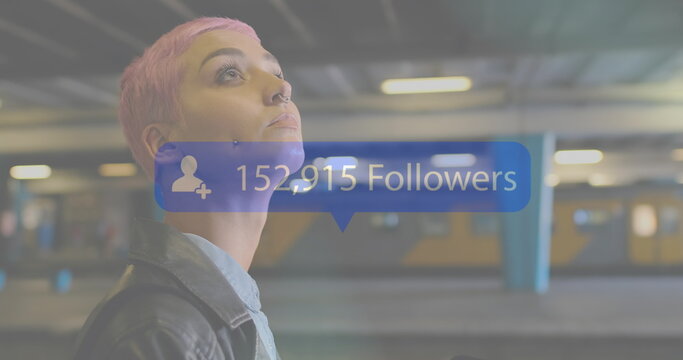 Image of thank interface with thank interface and data processing over smiling businesswoman using s