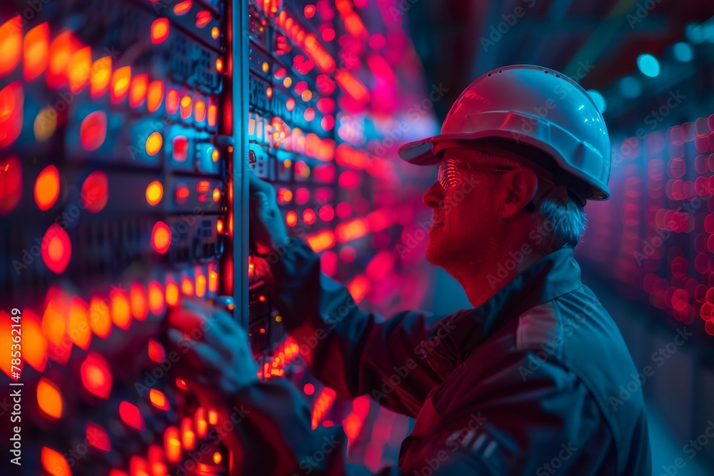 Wall mural bitcoin mining farm at dawn: workers monitoring servers ahead of the halving event, capturing the es