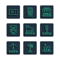 Set line Railway, Train traffic light, Wine bottle with glass, Restaurant train, High-speed, Railroad crossing, ticket and icon. Vector