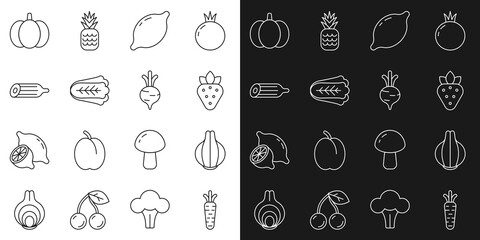Set line Carrot, Onion, Strawberry, Lemon, Cabbage, Fresh cucumber, Pumpkin and Beet icon. Vector