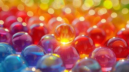 Closeup of rainbowcolored marbles, arranged in a gradient from red to blue and yellow, with soft bokeh  effect. Web banner with empty space for text. Product shot.