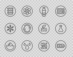 Fototapeta premium Set line Carton cardboard box, Battery, Lactose free, Water drop, Bowl, Recycle symbol, QR code and Test tube and flask icon. Vector