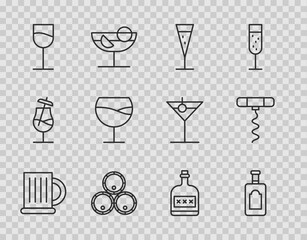 Set line Wooden beer mug, Whiskey bottle, Glass of champagne, barrels, Wine glass, Alcohol drink Rum and corkscrew icon. Vector