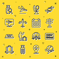 Set line Globe with flying plane, Liquids carry-on baggage, Road traffic sign, Airplane seat, Plane, Lost and Calendar and airplane icon. Vector