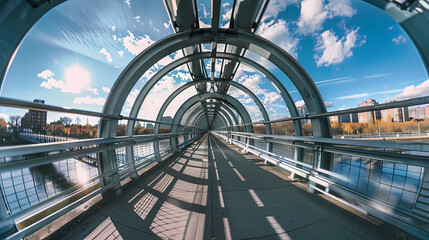 Modern Pedestrian Bridge With Geometric Structure on a Sunny Day