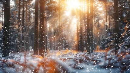 Snow falling in the forest, sun shining through trees,, beautiful winter landscape, christmas concept.
