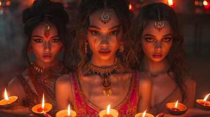 Fashion Editorial Shoot Featuring Models Posing with Traditional Lamps on Diwali Night Out, Set Against an Urban Backdrop with Neon Lighting Concept.