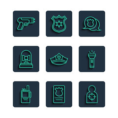 Set line Walkie talkie, Police badge with id case, Human target sport for shooting, cap cockade, Flasher siren, electric shocker and Flashlight icon. Vector