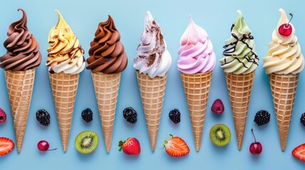 Various colorful ice cream cones with chocolate and fruits.